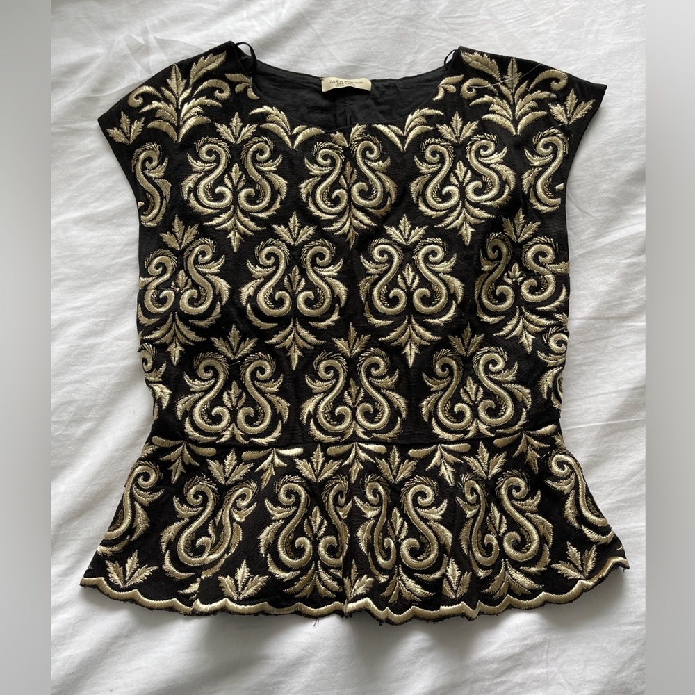 Zara Peplum Gold Embroidered Beaded Top size S
